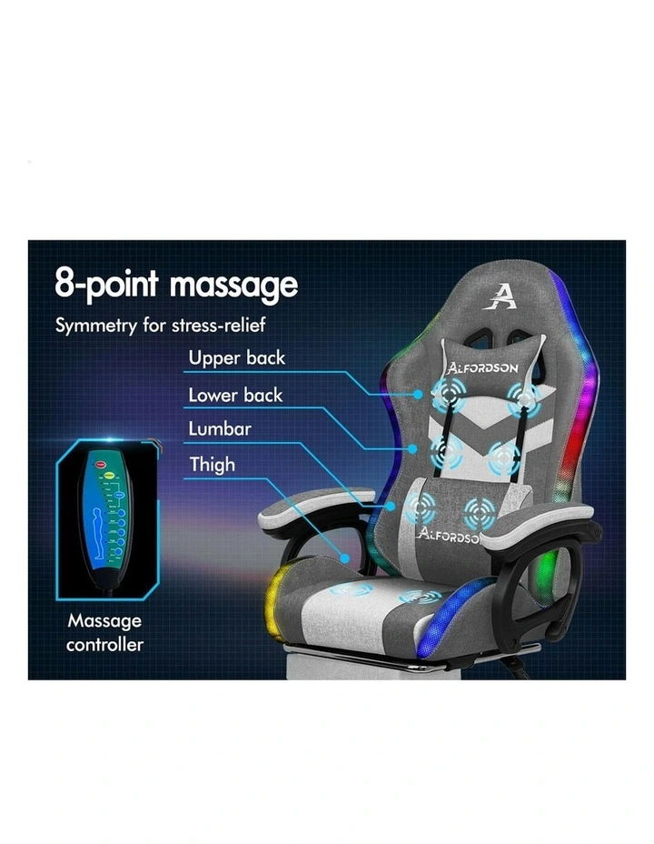 ALFORDSON LED Gaming Office Chair with 8-Point Massage Fabric Grey image 4