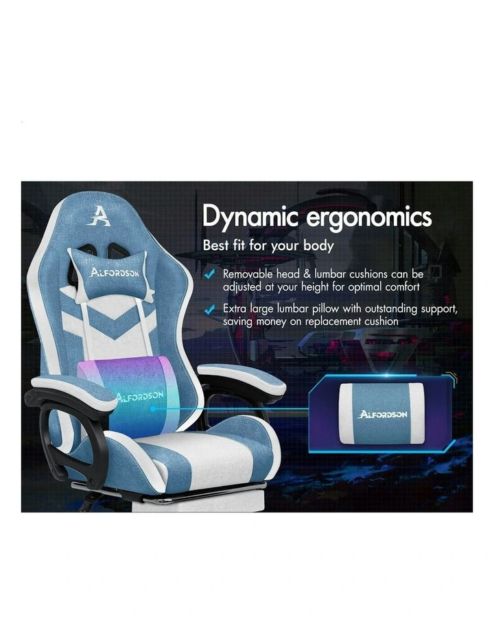 ALFORDSON LED Gaming Office Chair with 8-Point Massage Fabric Blue White image 2