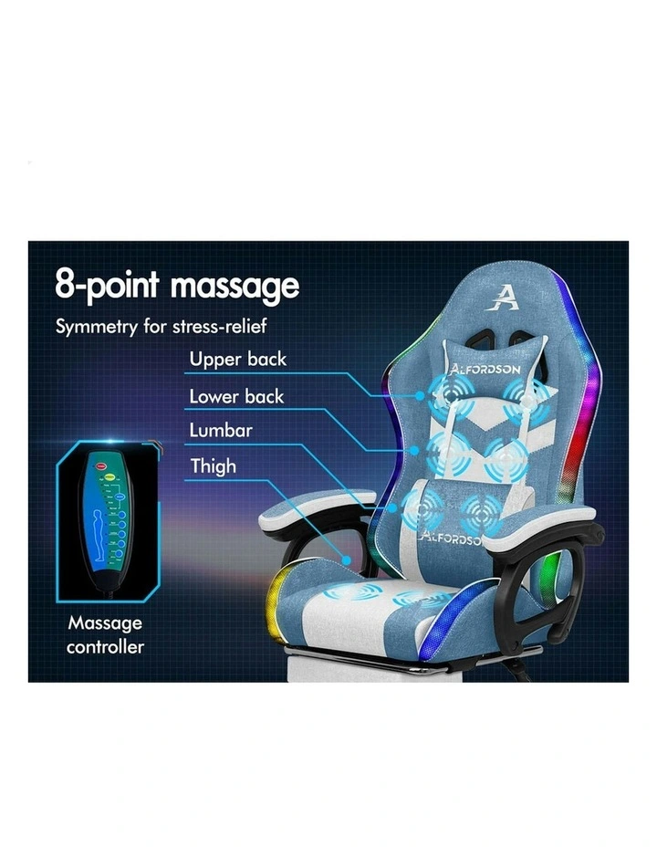 ALFORDSON LED Gaming Office Chair with 8-Point Massage Fabric Blue White image 4