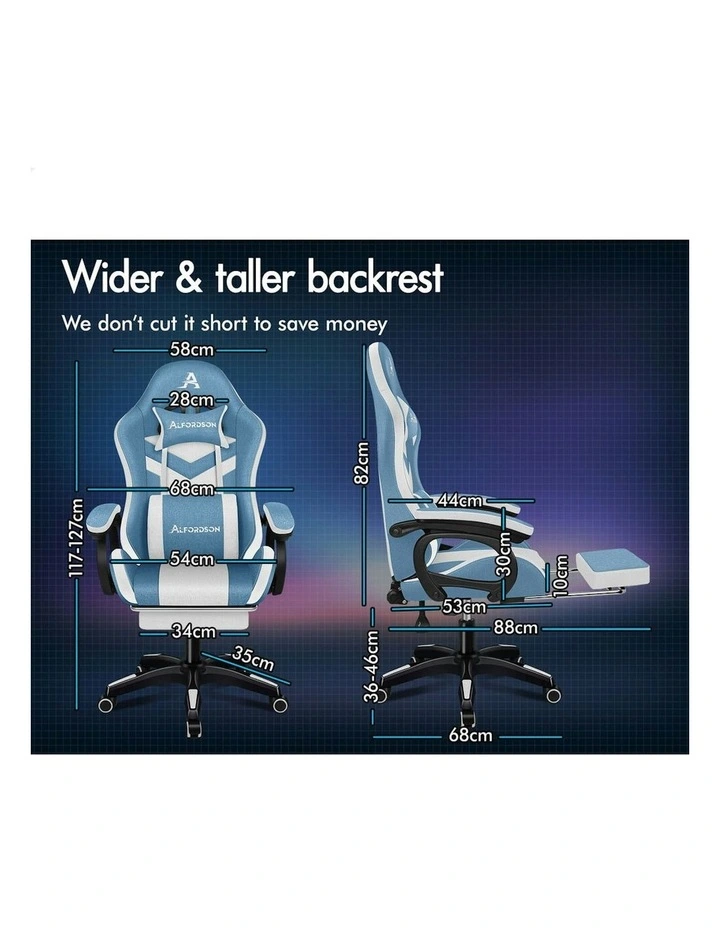 ALFORDSON LED Gaming Office Chair with 8-Point Massage Fabric Blue White image 5