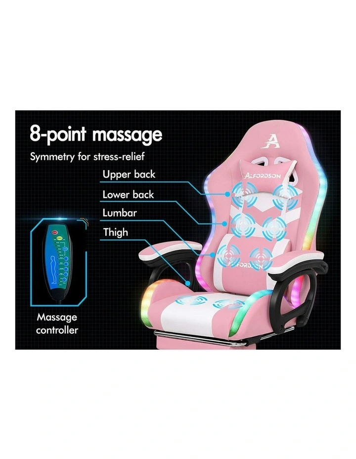 ALFORDSON Gaming Chair with 8-Point Massage 12 RGB LED Pink & White image 4