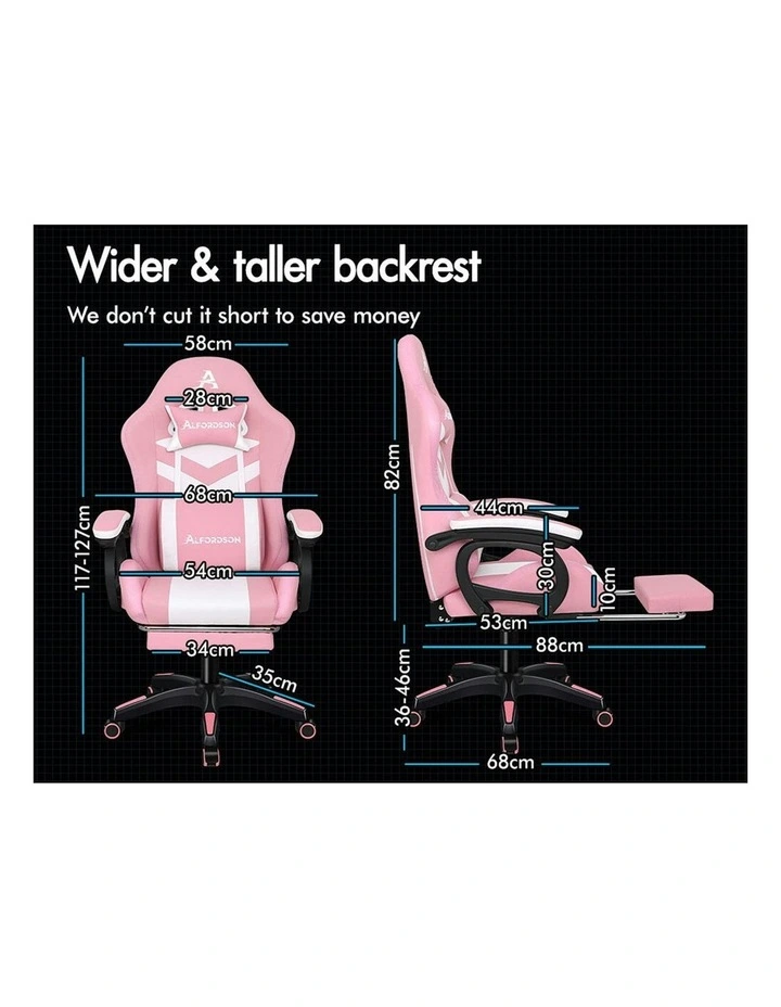 ALFORDSON Gaming Chair with 8-Point Massage 12 RGB LED Pink & White image 5