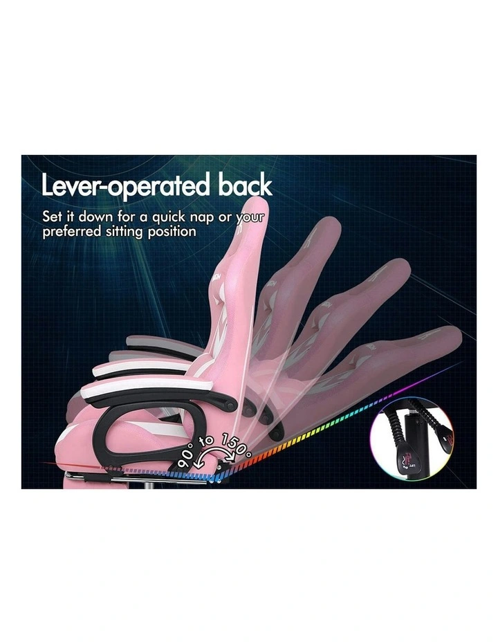 ALFORDSON Gaming Chair with 8-Point Massage 12 RGB LED Pink & White image 6