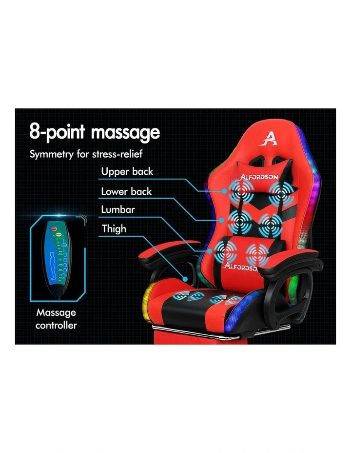 ALFORDSON Gaming Chair with 8-Point Massage 12 RGB LED Black & Red image 4
