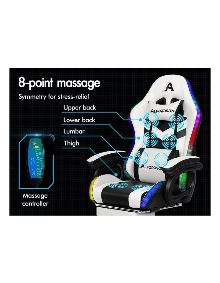 ALFORDSON Gaming Chair with 8-Point Massage 12 RGB LED Black & White image 4