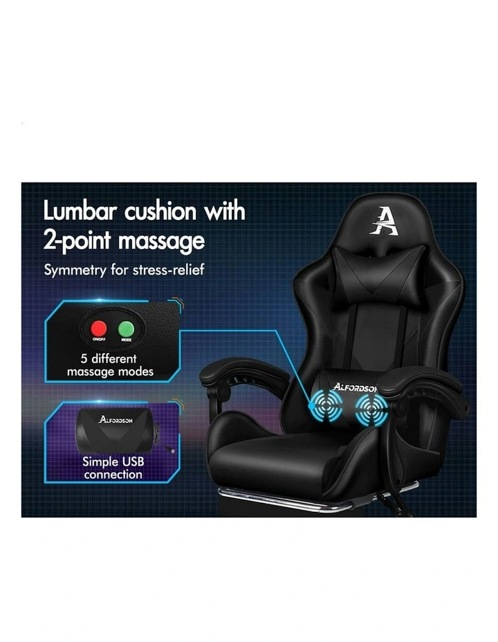 Gaming Office Chair Massage Computer Footrest Seat Leather in Black image 3