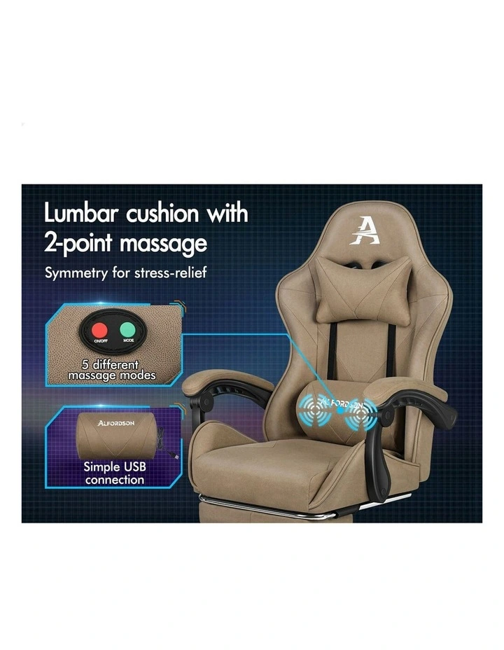 ALFORDSON Gaming Office Chair Massage Computer Footrest Seat Leathaire Khaki image 3