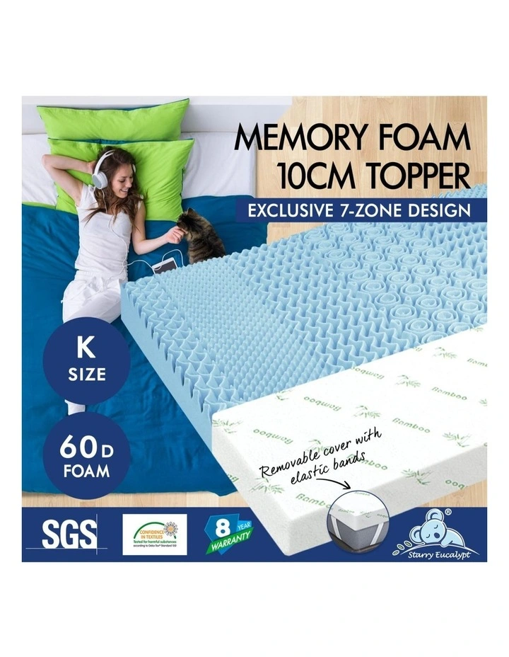 Memory Foam King 7-Zone Cool Gel Bamboo Mattress Topper 10cm in Multi image 2