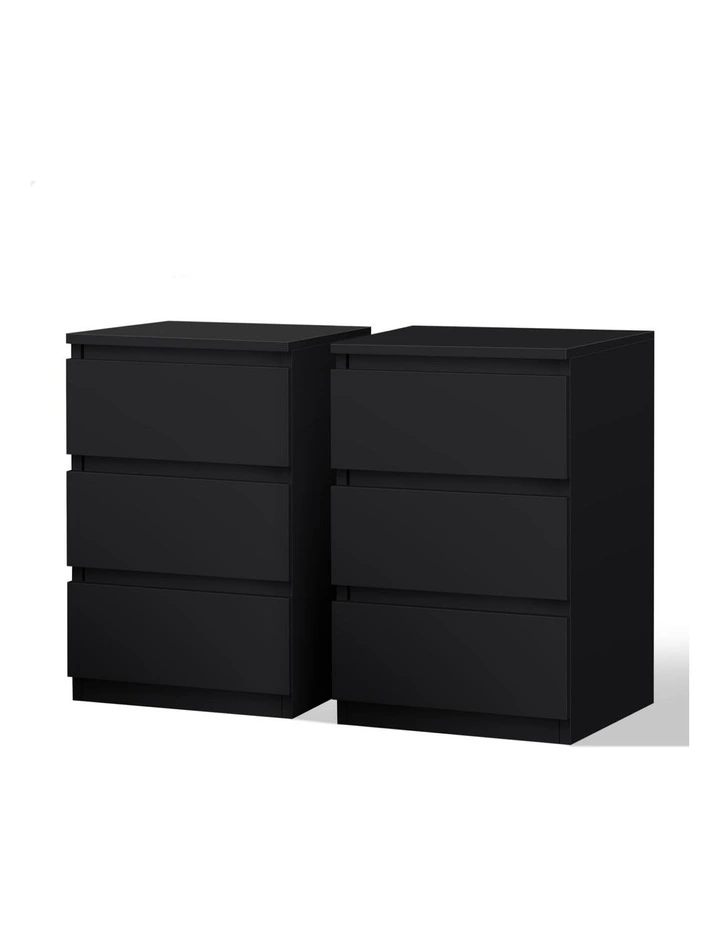 Nightstand 3 Drawers Bedside Table x2 in Black image 1