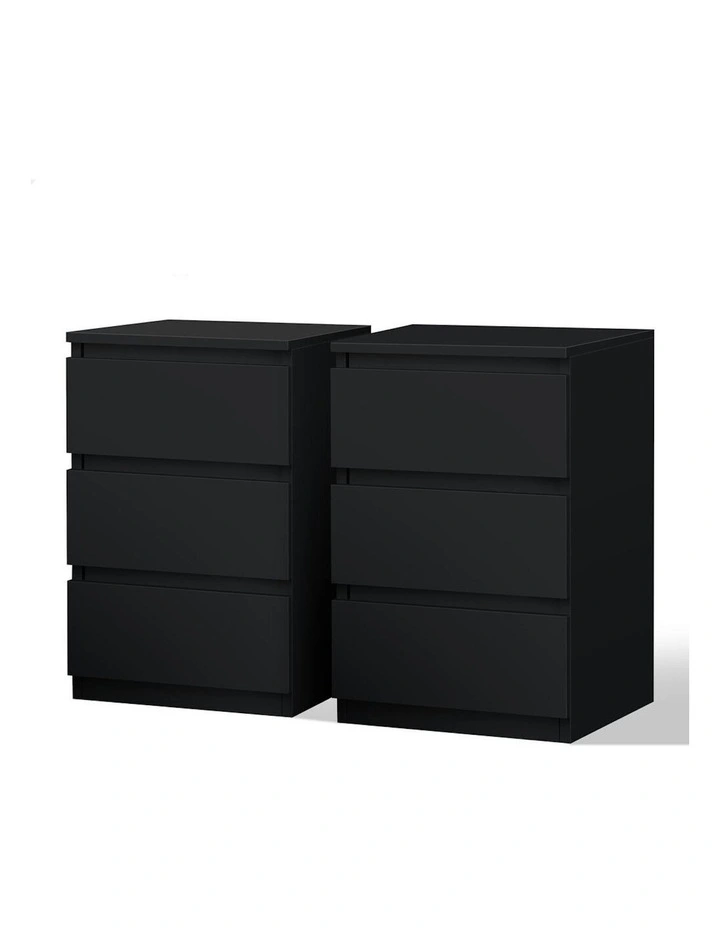 Nightstand 3 Drawers Bedside Table x2 in Black image 1
