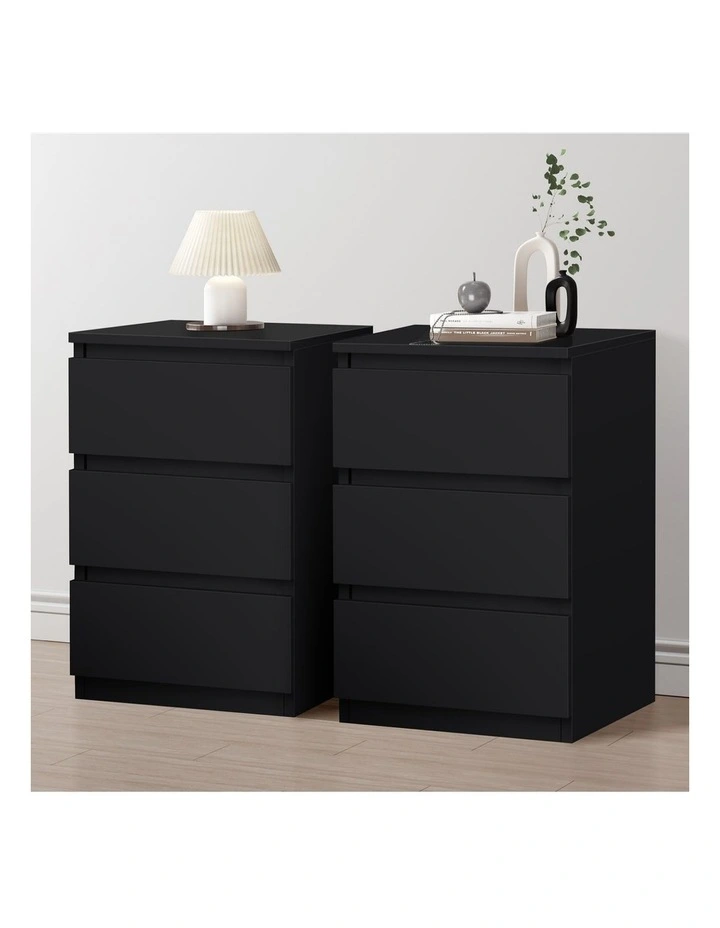Nightstand 3 Drawers Bedside Table x2 in Black image 2