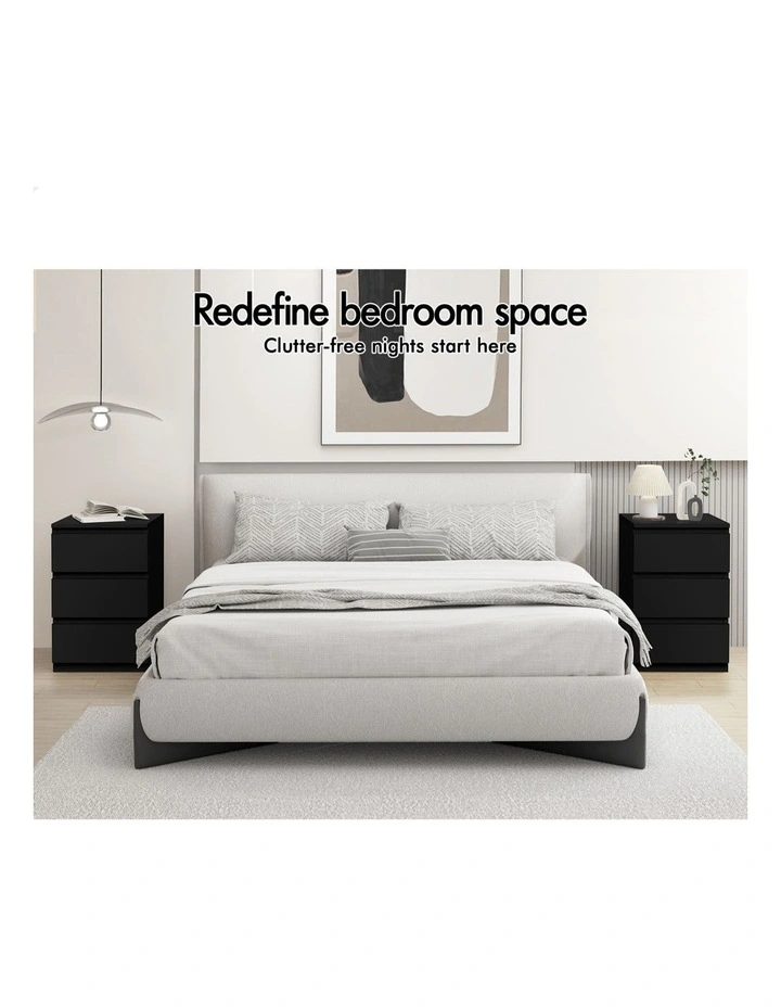 Nightstand 3 Drawers Bedside Table x2 in Black image 3