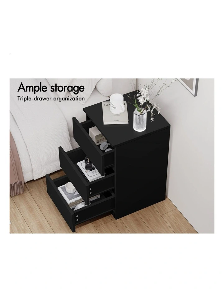 Nightstand 3 Drawers Bedside Table x2 in Black image 5