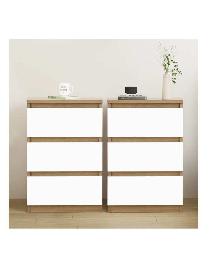 Nightstand 3 Drawers Bedside Table x2 in White image 2