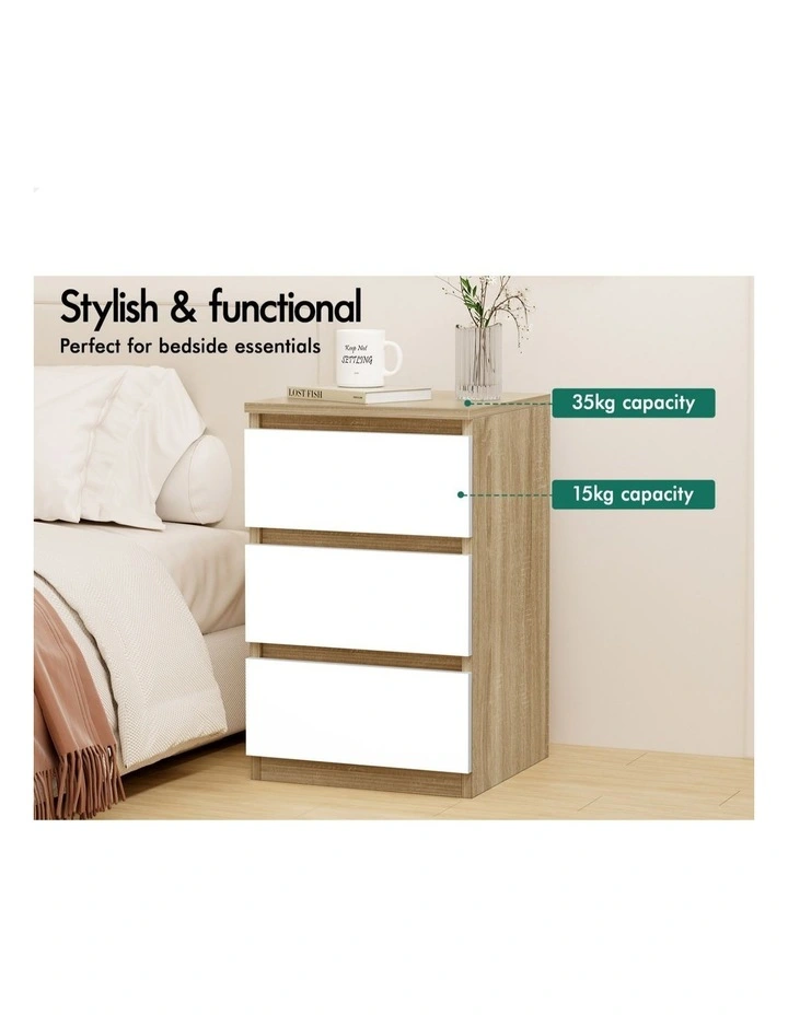 Nightstand 3 Drawers Bedside Table x2 in White image 4