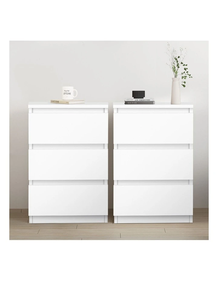 Nightstand 3 Drawers Bedside Table x2 in White image 2