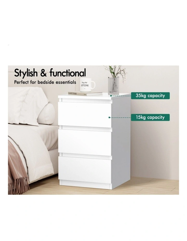 Nightstand 3 Drawers Bedside Table x2 in White image 4
