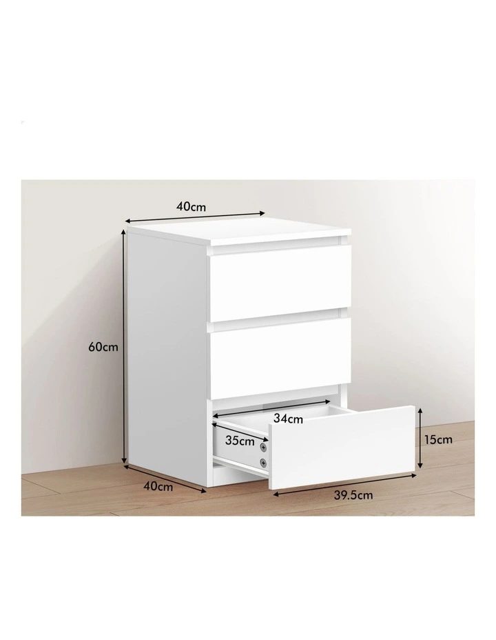 Nightstand 3 Drawers Bedside Table x2 in White image 6