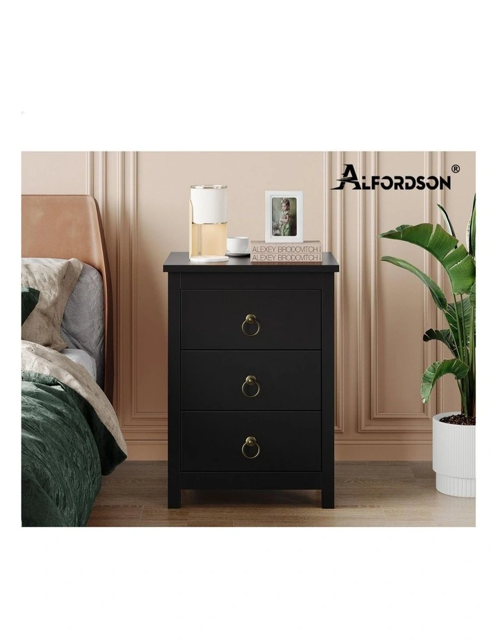 Hamptons Storage Side End 3 Drawers Nightstand in Black image 2