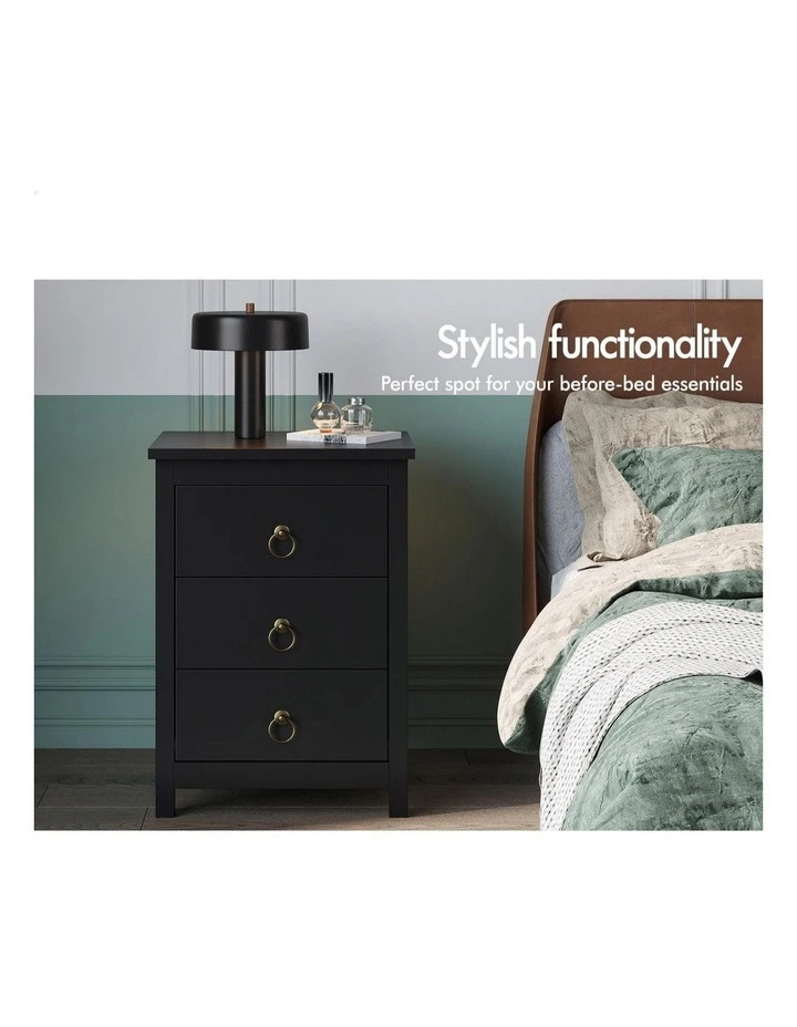 Hamptons Storage Side End 3 Drawers Nightstand in Black image 4