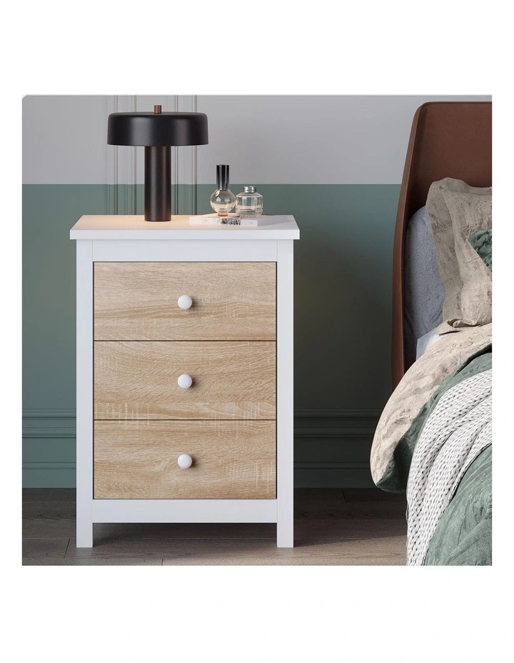 Hamptons 3 Drawers Bedside Table in White image 2