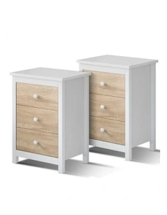 Hamptons 3 Drawers Bedside Table x2 in White
