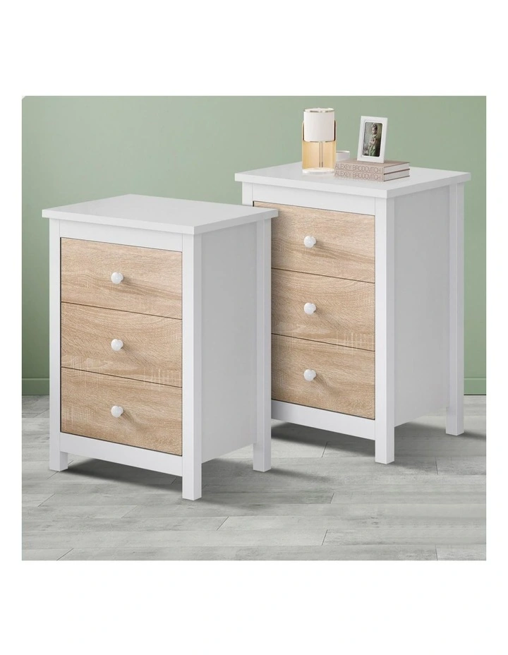 Hamptons 3 Drawers Bedside Table x2 in White image 2