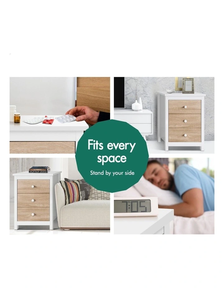 Hamptons 3 Drawers Bedside Table x2 in White image 3