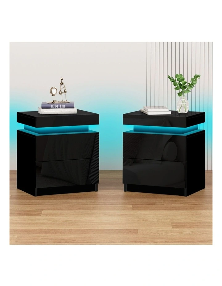 Led Gloss Bedside Table x2 in Black image 2