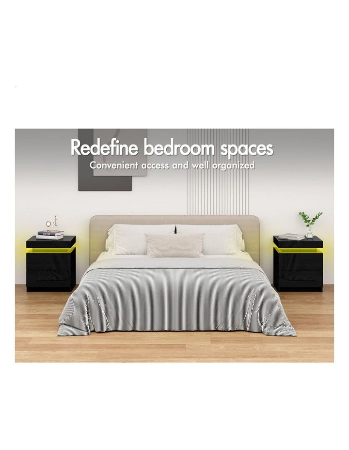 Led Gloss Bedside Table x2 in Black image 3