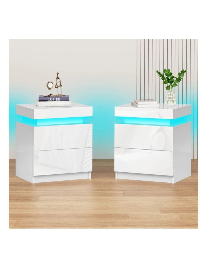 Led Gloss Bedside Table x2 in White image 2