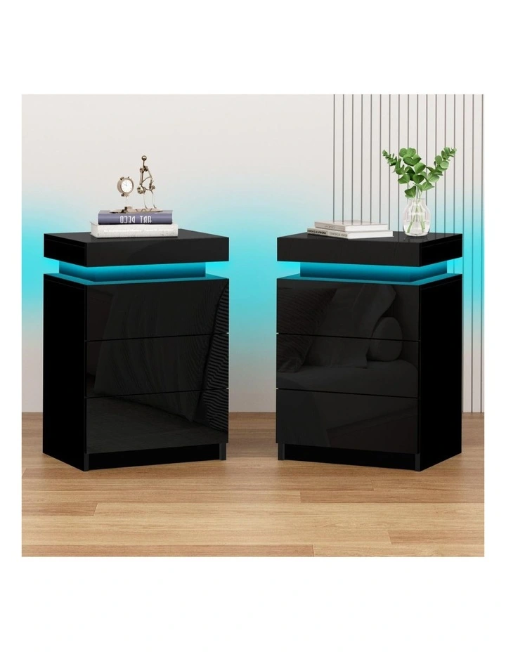 LED Bedside Table 2x in Black Gloss image 2