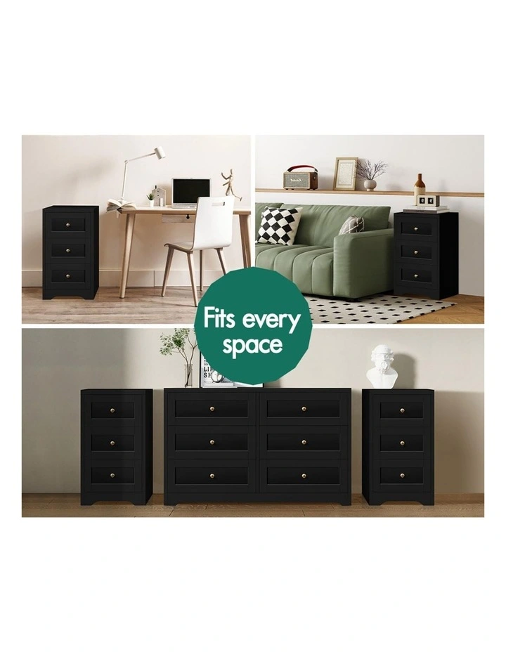 Hamptons Bedside 3 Drawers Table in Black image 4