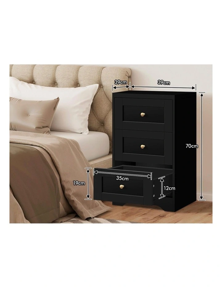 Hamptons Bedside 3 Drawers Table in Black image 5