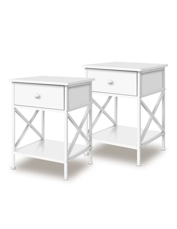 Retro Bedside 1 Drawer Table Set Of 2 in White image 1