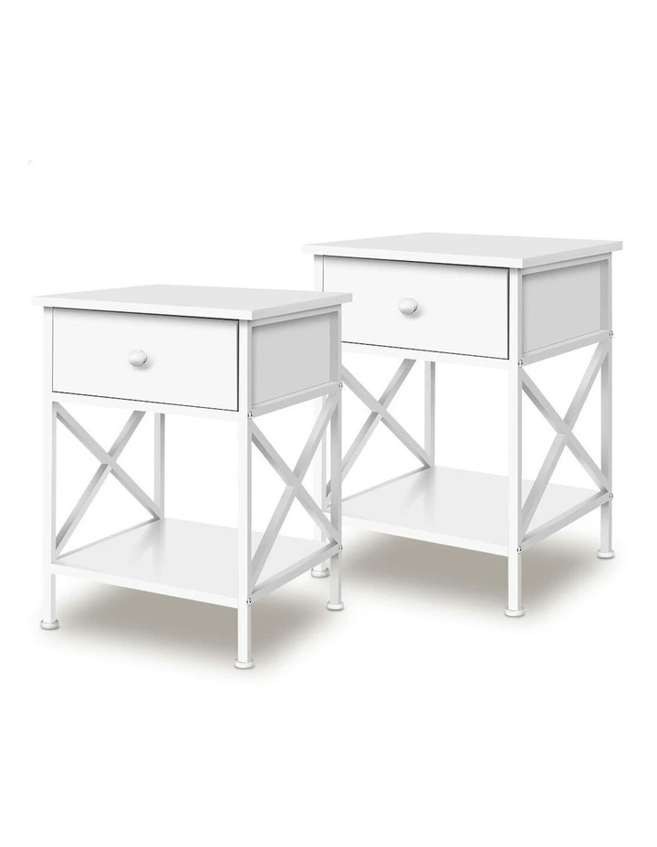 Retro Bedside 1 Drawer Table Set Of 2 in White image 1
