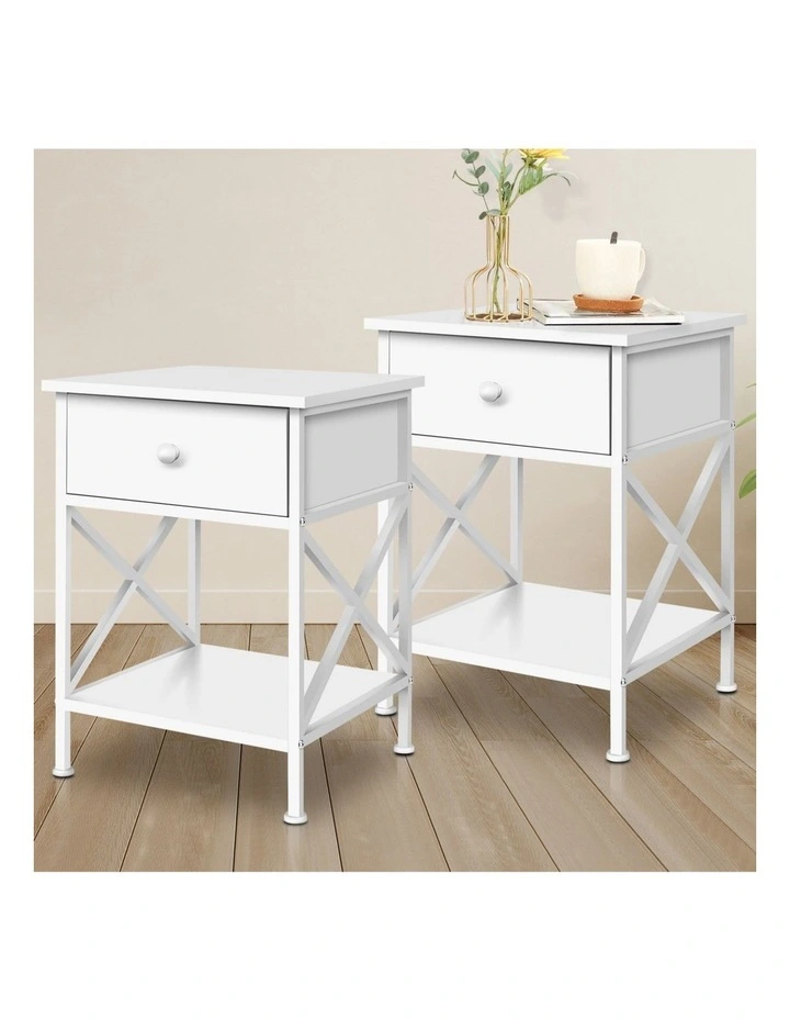 Retro Bedside 1 Drawer Table Set Of 2 in White image 2