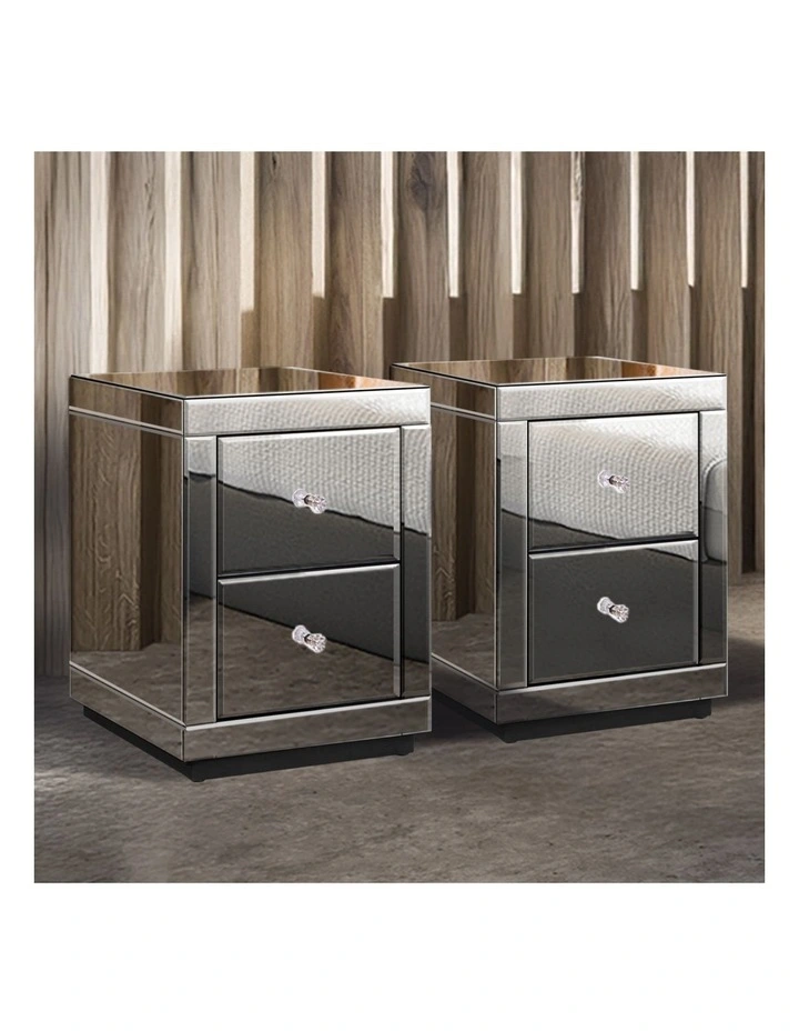Mirrored Bedside Table Set Of 2 in Silver image 2