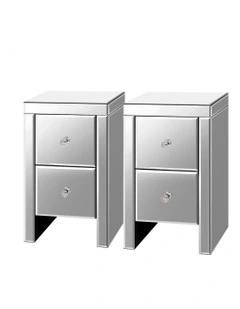 Mirrored Bedside Table Set Of 2 in Silver Gloss