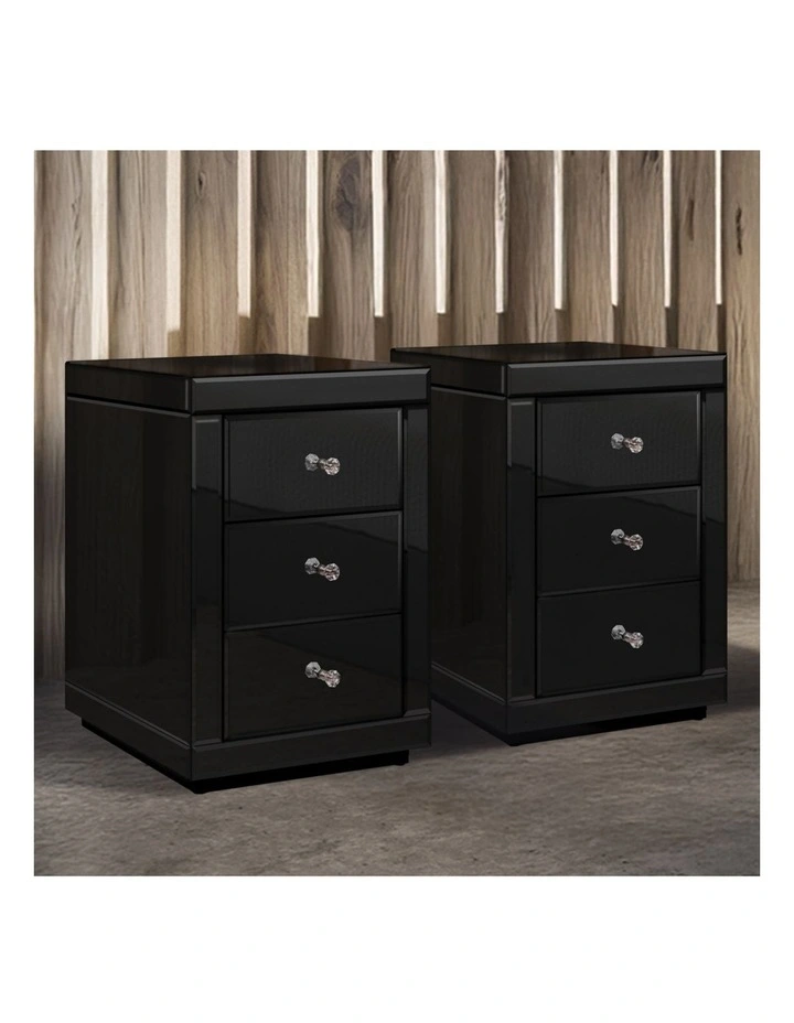 Mirrored Bedside Table Set Of 2 in Black image 2