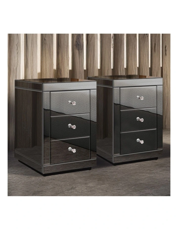 Mirrored Bedside Table Set Of 2 in Grey image 2
