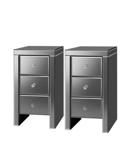Mirrored Bedside Table Set Of 2 in Grey