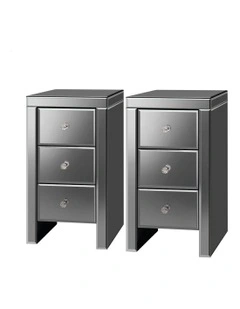 Mirrored Bedside Table Set Of 2 in Grey