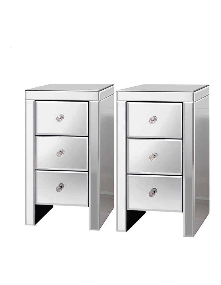 Mirrored Bedside Table 2 Piece in Silver image 1