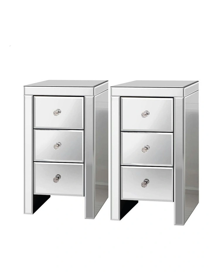Mirrored Bedside Table 2 Piece in Silver image 1