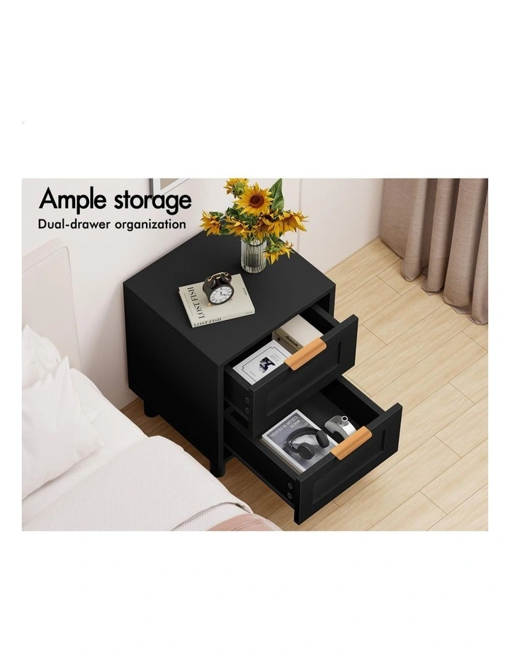 Bedside Table Side Storage Nightstand 2 Drawers Cabinet x2 in Black image 4