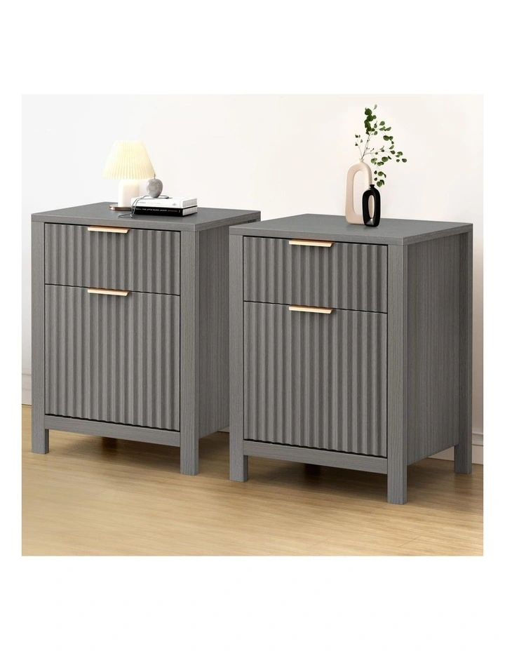 Bedside Table Nightstand Side Storage Cabinet 2 Piece in Grey image 2