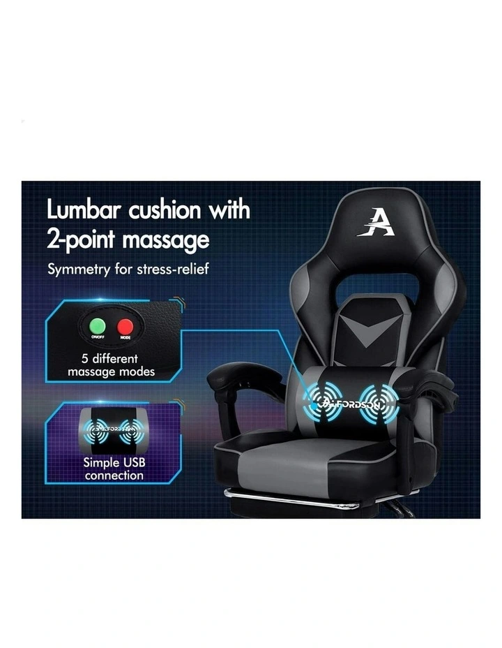 ALFORDSON Gaming Chair with Lumbar Massage Racing Office Gordon - Black & Grey image 4