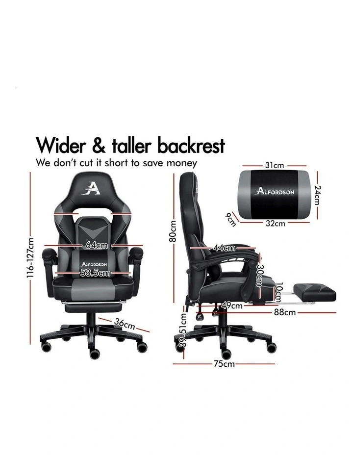 ALFORDSON Gaming Chair with Lumbar Massage Racing Office Gordon - Black & Grey image 6