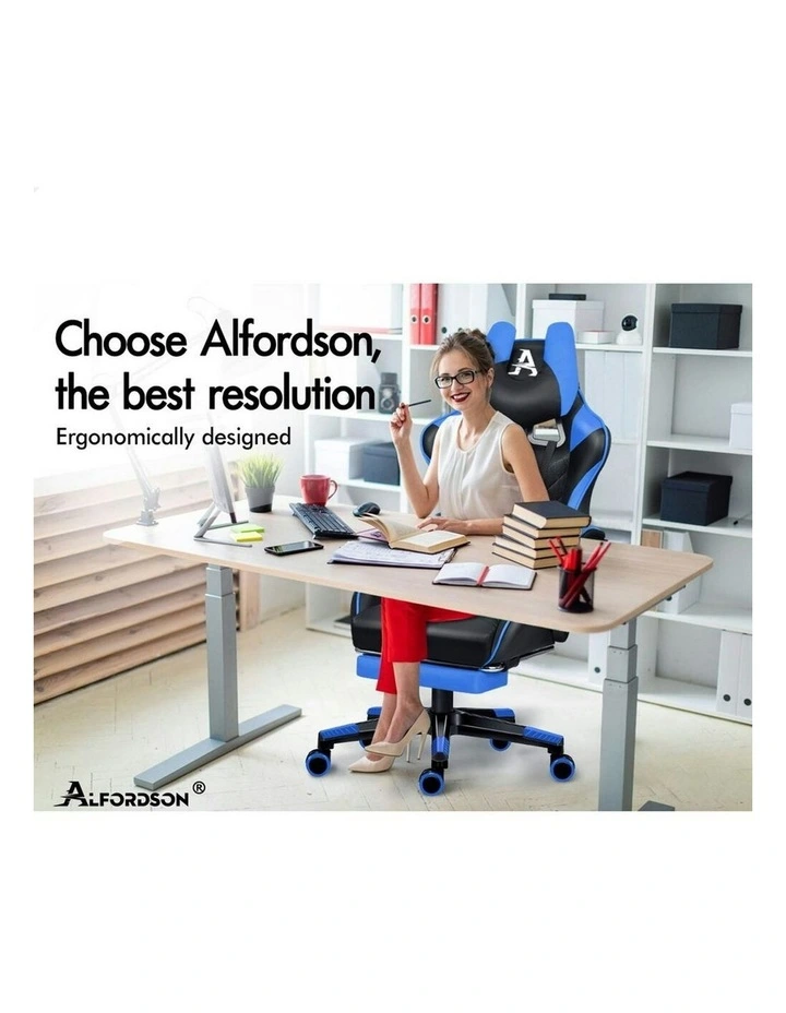 PU Leather Gaming Chair With Footrest in Blue image 2